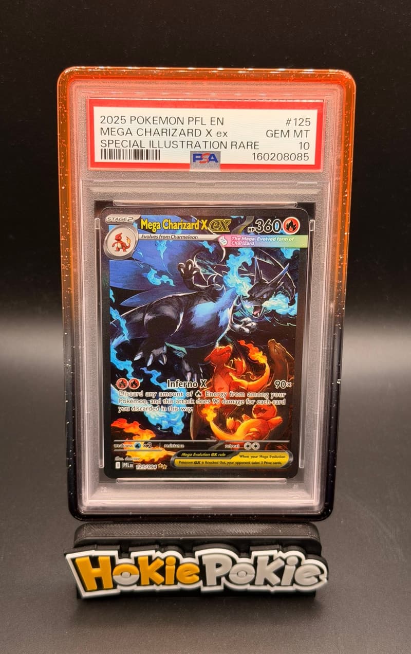 Mega Charizard X ex, PSA 10 graded, card 125 of 94 from the 2025 Phantasmal Flames Pokémon TCG set.