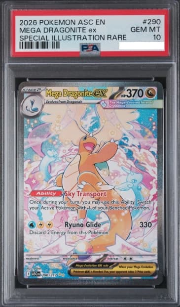 Mega Dragonite ex, PSA 10 graded, card 290 of 217 from the 2026 Ascended Heroes Pokémon TCG set.