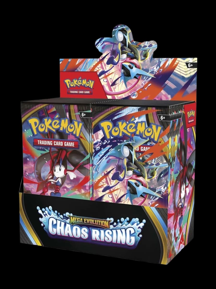 Mega Evolution Chaos Rising Booster Box, sealed Pokémon TCG product from the 2025 Mega Evolution set.