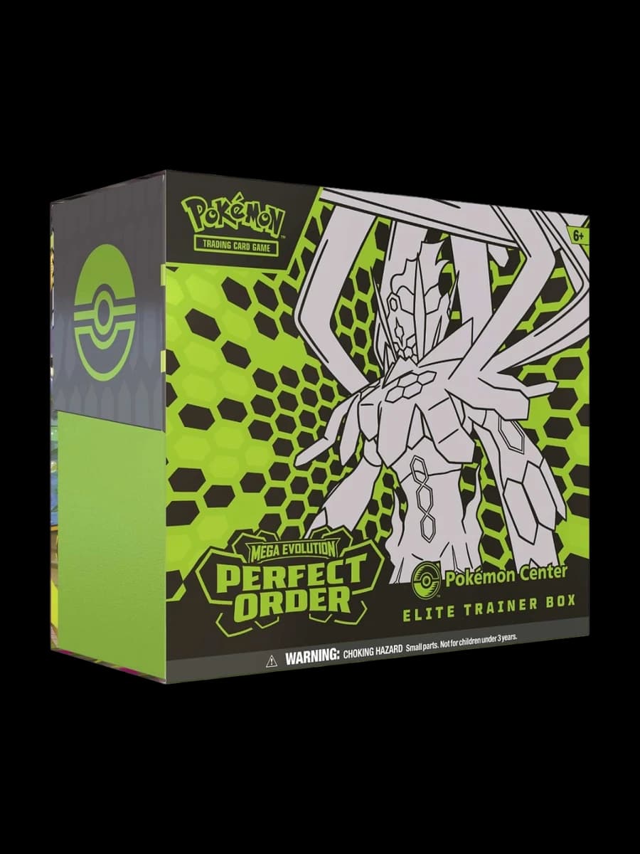 Mega Evolution Perfect Order Pokémon Center Elite Trainer Box, sealed Pokémon TCG product from the 2025 Mega Evolution set.