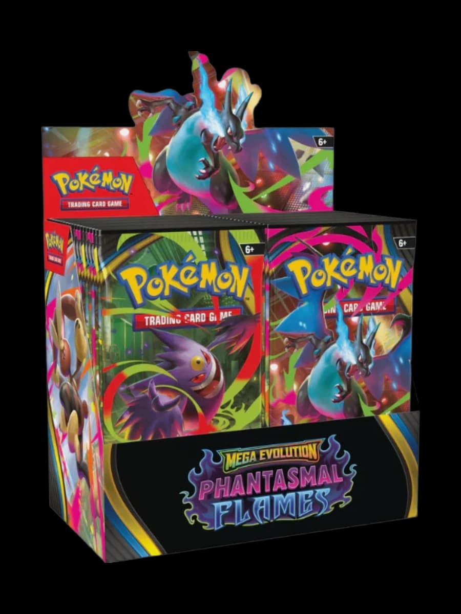 Mega Evolution Phantasmal Flames Booster Box, sealed Pokémon TCG product from the 2025 Mega Evolution set.