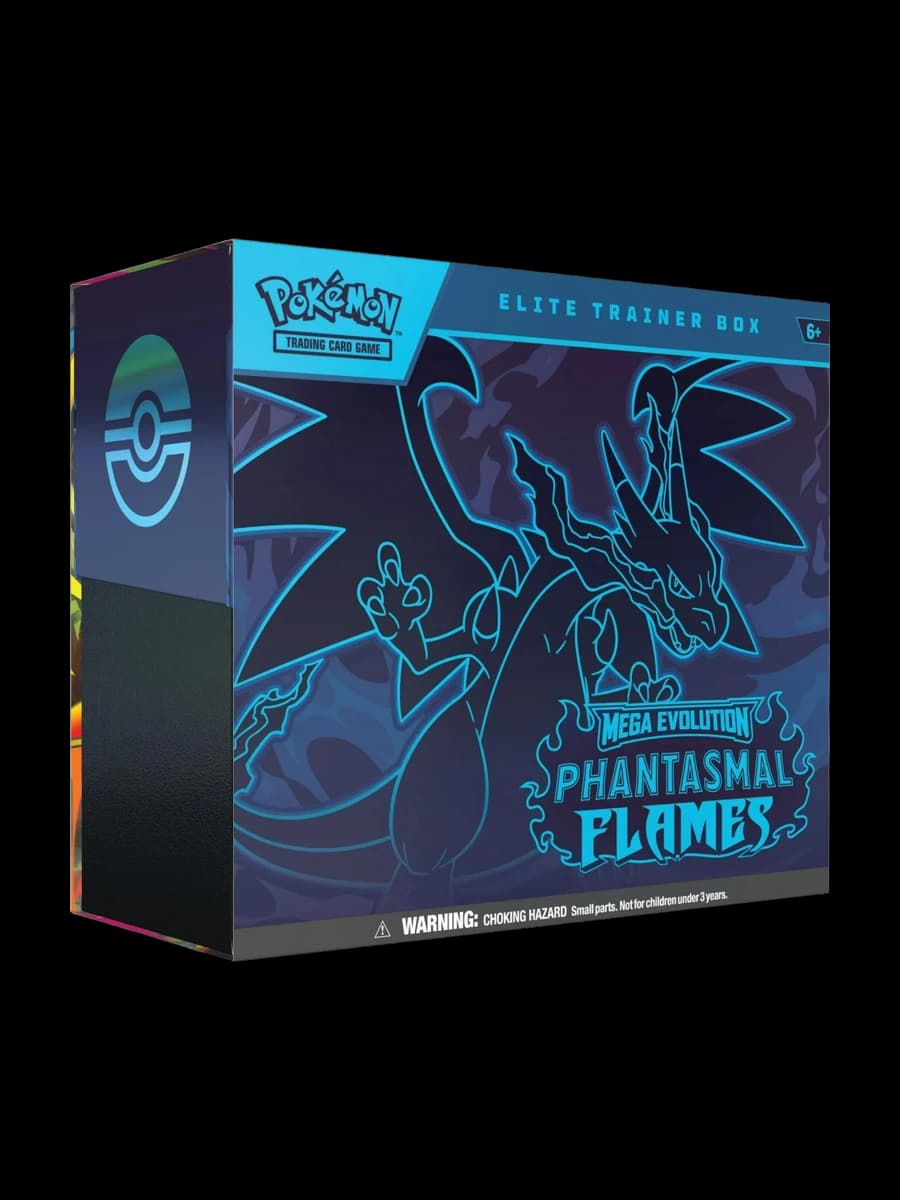 Mega Evolution Phantasmal Flames Elite Trainer Box, sealed Pokémon TCG product from the 2025 Mega Evolution set.