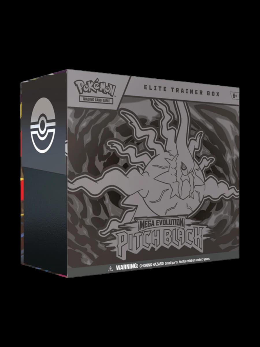 Mega Evolution Pitch Black Elite Trainer Box, sealed Pokémon TCG product from the 2025 Mega Evolution set.