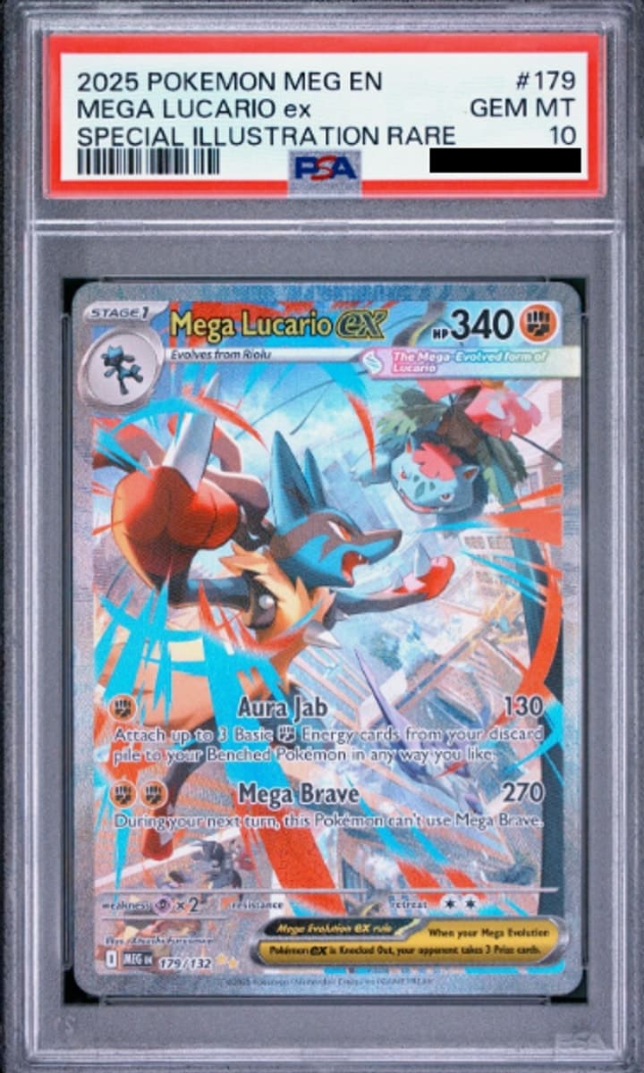 Mega Lucario ex, PSA 10 graded, card 179 of 132 from the 2025 Mega Evolution Pokémon TCG set.