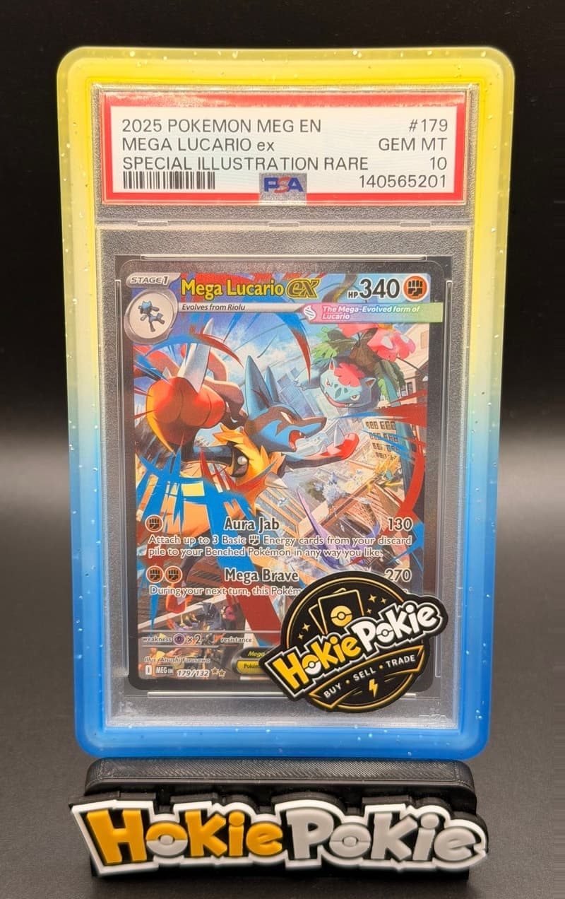 Mega Lucario ex, PSA 10 graded, card 179 of 132 from the 2025 Mega Evolution Pokémon TCG set.
