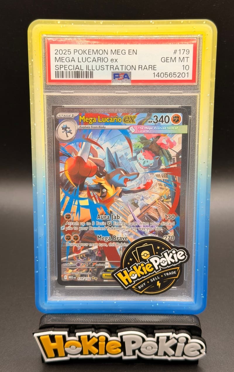 Mega Lucario ex, PSA 10 graded, card 179 of 132 from the 2025 Mega Evolution Pokémon TCG set.