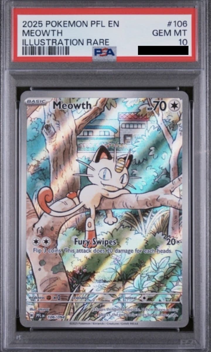 Meowth, PSA 10 graded, card 106 of 94 from the 2025 Phantasmal Flames Pokémon TCG set.