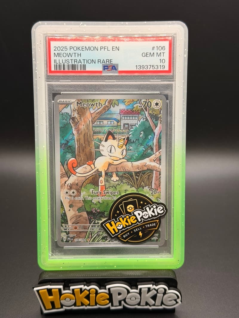 Meowth, PSA 10 graded, card 106 of 94 from the 2025 Phantasmal Flames Pokémon TCG set.