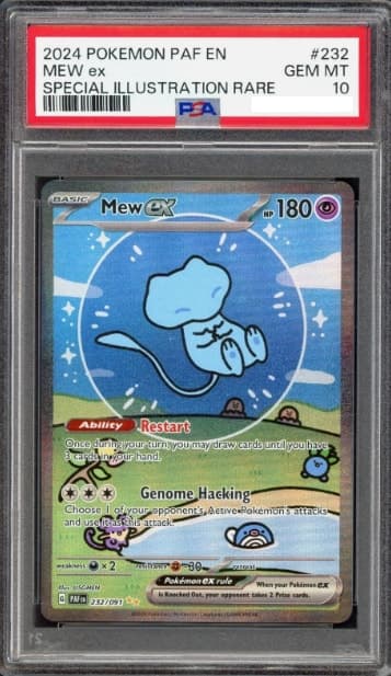 Mew ex, PSA 10 graded, card 232 of 91 from the 2024 Paldean Fates Pokémon TCG set.