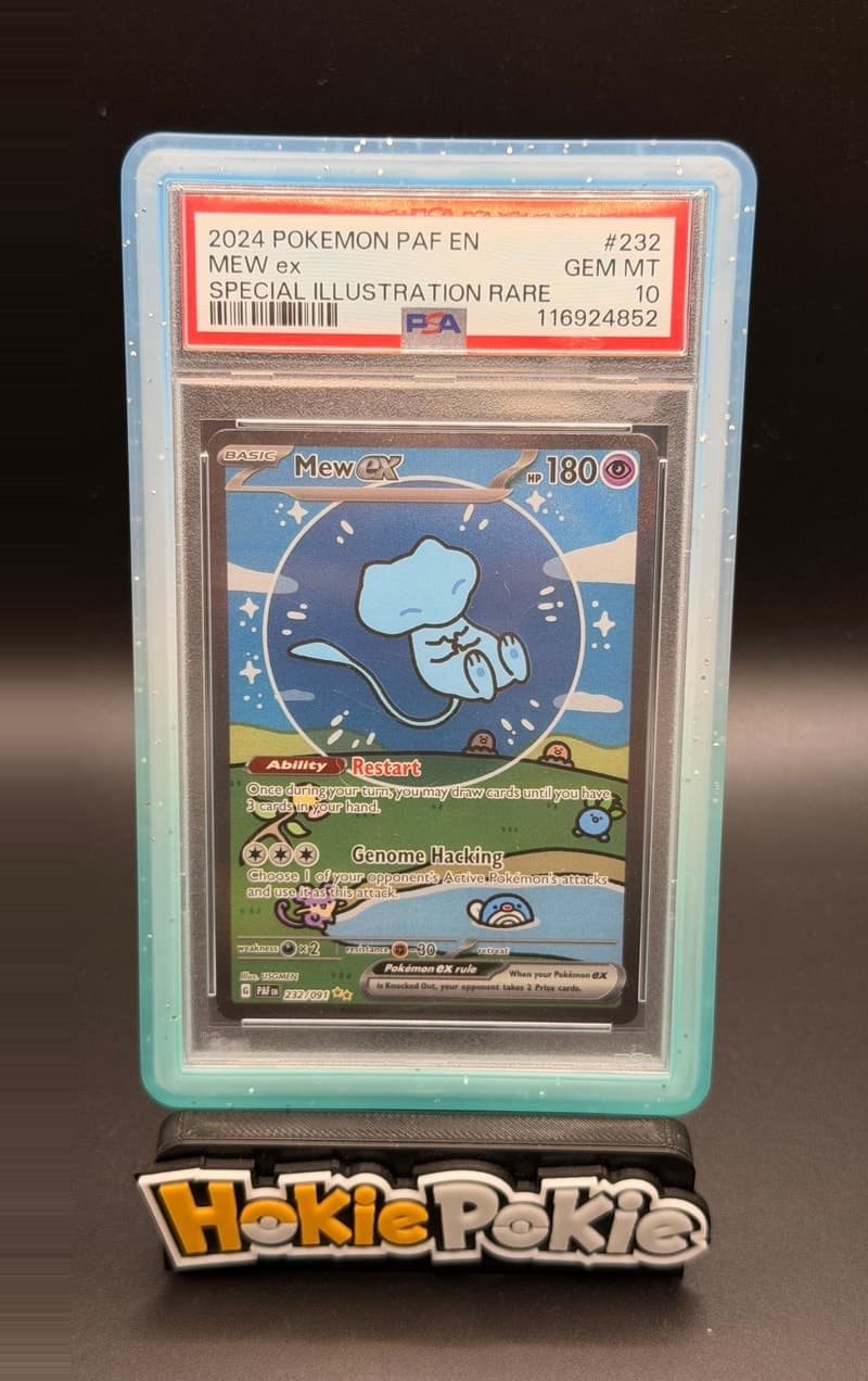 Mew ex, PSA 10 graded, card 232 of 91 from the 2024 Paldean Fates Pokémon TCG set.