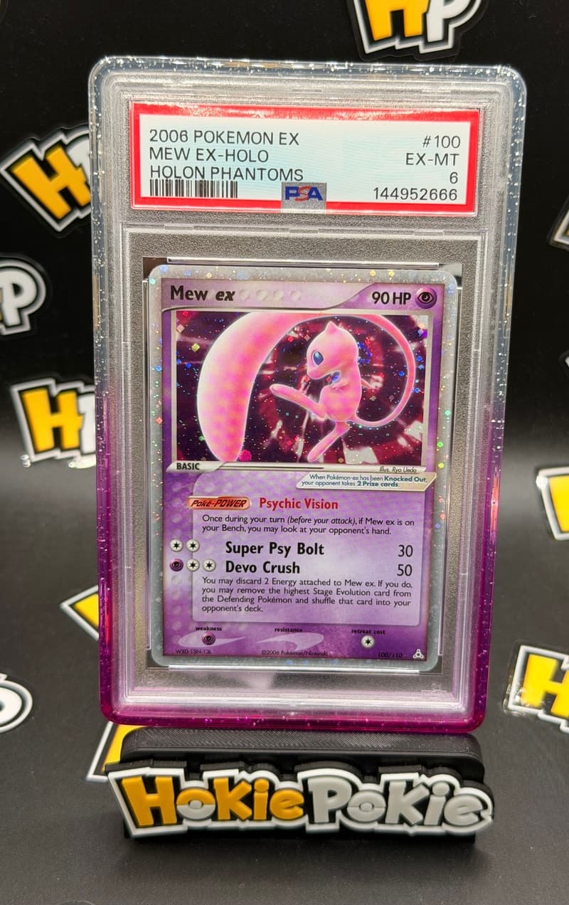 Mew ex, PSA 6 graded, card 100 of 110 from the 2006 EX Holon Phantoms Pokémon TCG set.
