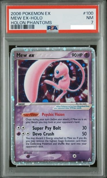 Mew ex, PSA 7 graded, card 100 of 110 from the 2006 EX Holon Phantoms Pokémon TCG set.