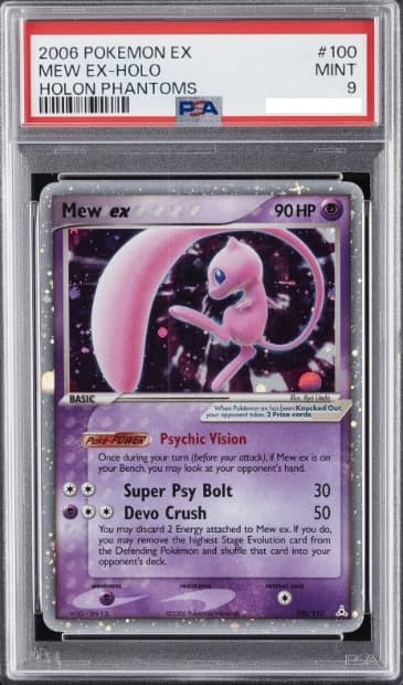 Mew ex, PSA 9 graded, card 100 of 110 from the 2006 EX Holon Phantoms Pokémon TCG set.