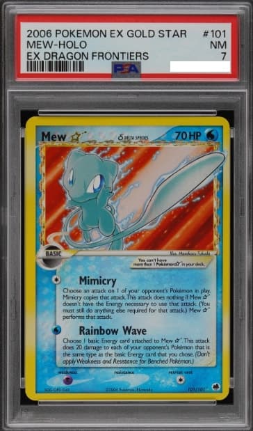 Mew Gold Star, PSA 7 graded, card 101 of 101 from the 2006 EX Dragon Frontiers Pokémon TCG set.