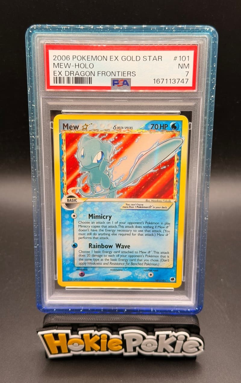 Mew Gold Star, PSA 7 graded, card 101 of 101 from the 2006 EX Dragon Frontiers Pokémon TCG set.