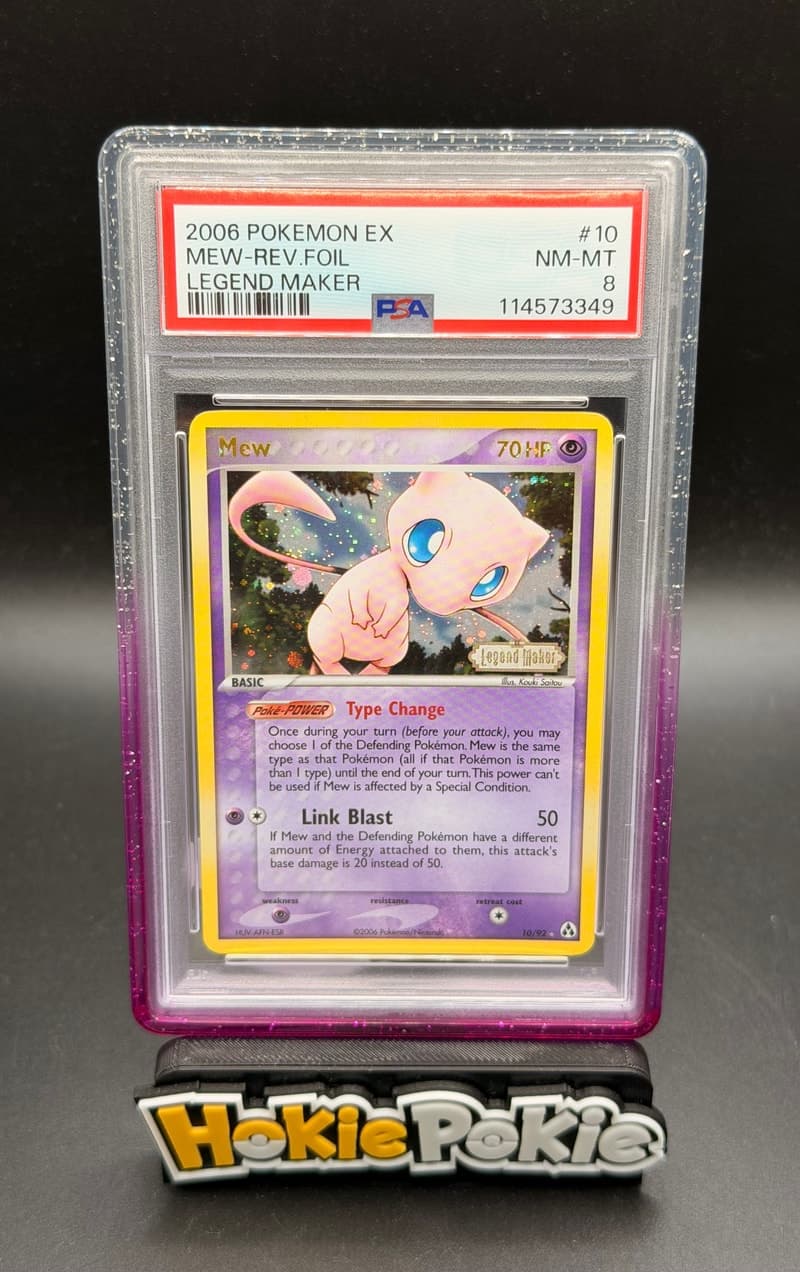 Mew, PSA 8 graded, card 10 of 92 from the 2006 EX Legend Maker Pokémon TCG set.