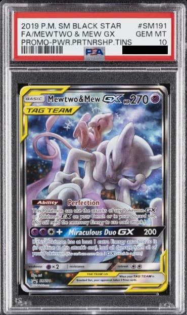 Mewtwo & Mew GX, PSA 10 graded, card SM191 from the 2018 SM Black Star Promos Pokémon TCG set.