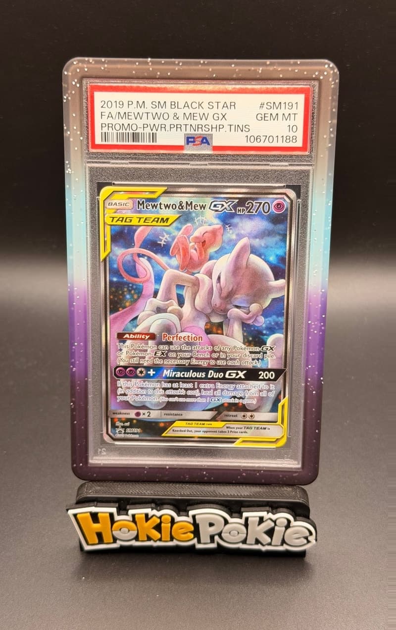 Mewtwo & Mew GX, PSA 10 graded, card SM191 from the 2018 SM Black Star Promos Pokémon TCG set.