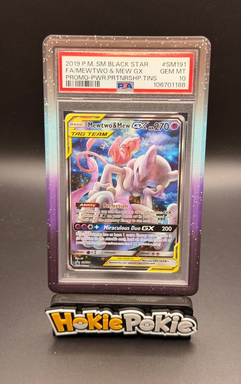 Mewtwo & Mew GX, PSA 10 graded, card SM191 from the 2018 SM Black Star Promos Pokémon TCG set.