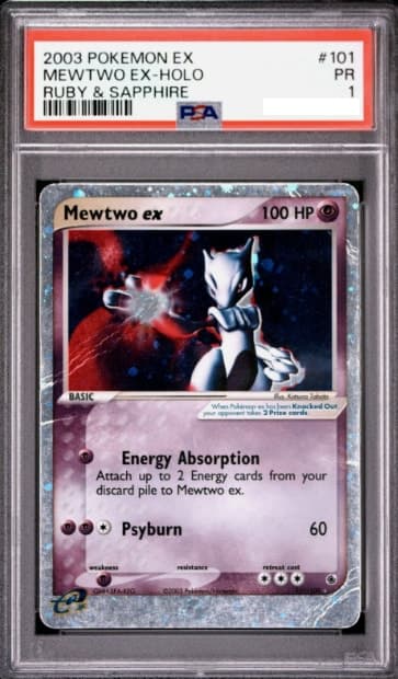 Mewtwo ex, PSA 1 graded, card 101 of 109 from the 2003 EX Ruby & Sapphire Pokémon TCG set.