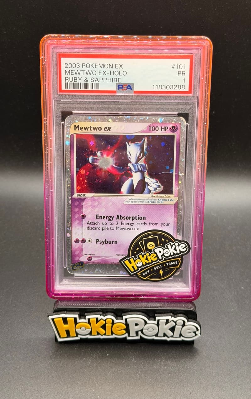 Mewtwo ex, PSA 1 graded, card 101 of 109 from the 2003 EX Ruby & Sapphire Pokémon TCG set.
