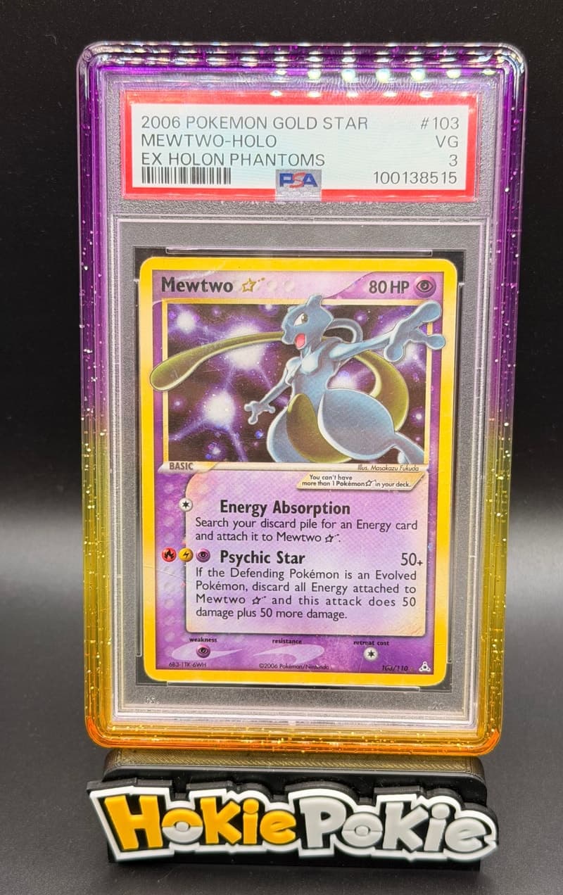 Mewtwo Gold Star, PSA 3 graded, card 103 of 110 from the 2006 EX Holon Phantoms Pokémon TCG set.