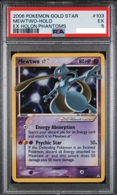 Mewtwo Gold Star, PSA 5 graded, card 103 of 110 from the 2006 EX Holon Phantoms Pokémon TCG set.