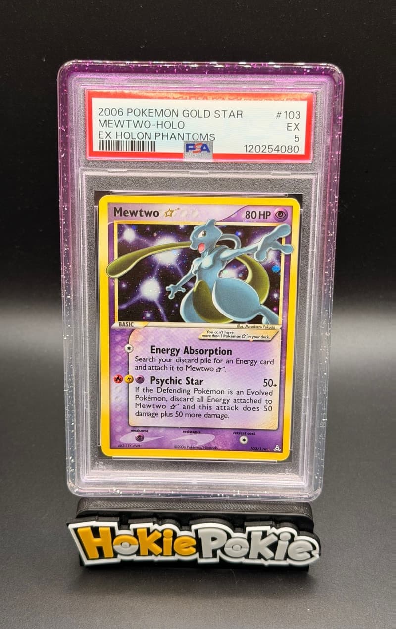 Mewtwo Gold Star, PSA 5 graded, card 103 of 110 from the 2006 EX Holon Phantoms Pokémon TCG set.