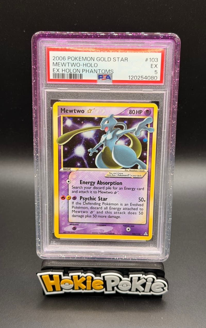 Mewtwo Gold Star, PSA 5 graded, card 103 of 110 from the 2006 EX Holon Phantoms Pokémon TCG set.