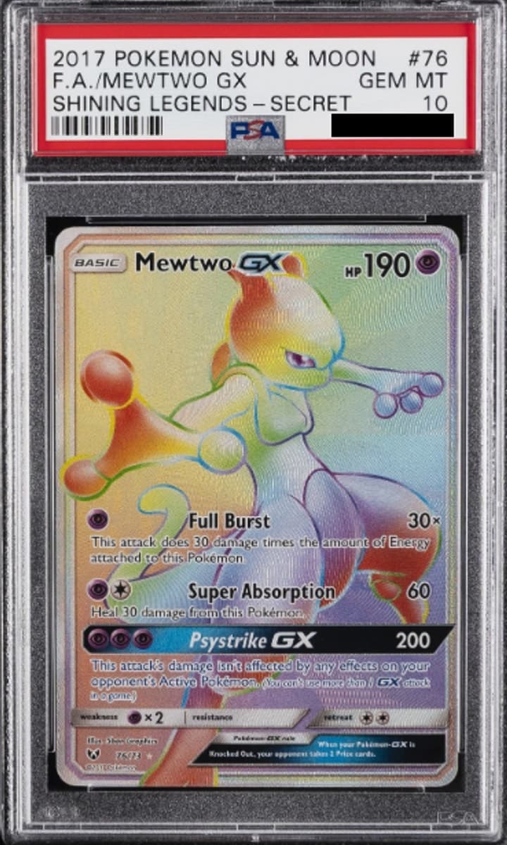 Mewtwo GX, PSA 10 graded, card 76 of 73 from the 2017 Shining Legends Pokémon TCG set.