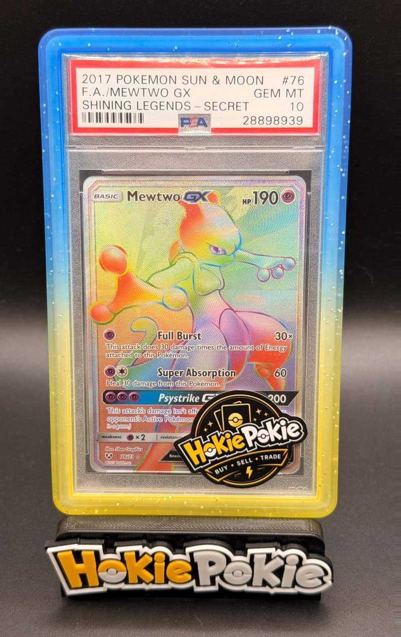 Mewtwo GX, PSA 10 graded, card 76 of 73 from the 2017 Shining Legends Pokémon TCG set.