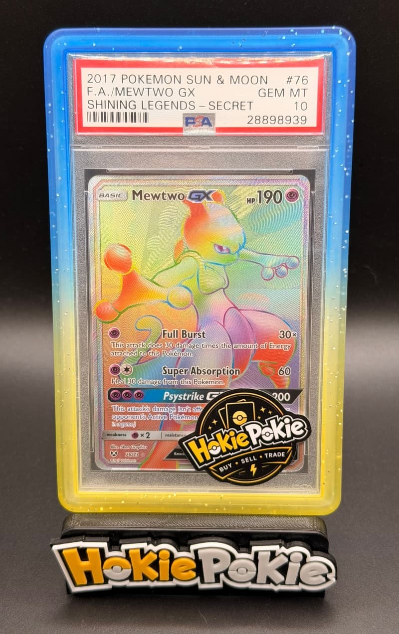 Mewtwo GX, PSA 10 graded, card 76 of 73 from the 2017 Shining Legends Pokémon TCG set.