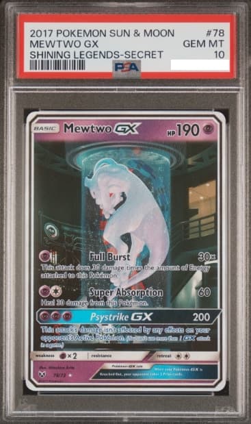 Mewtwo GX, PSA 10 graded, card 78 of 73 from the 2017 Shining Legends Pokémon TCG set.