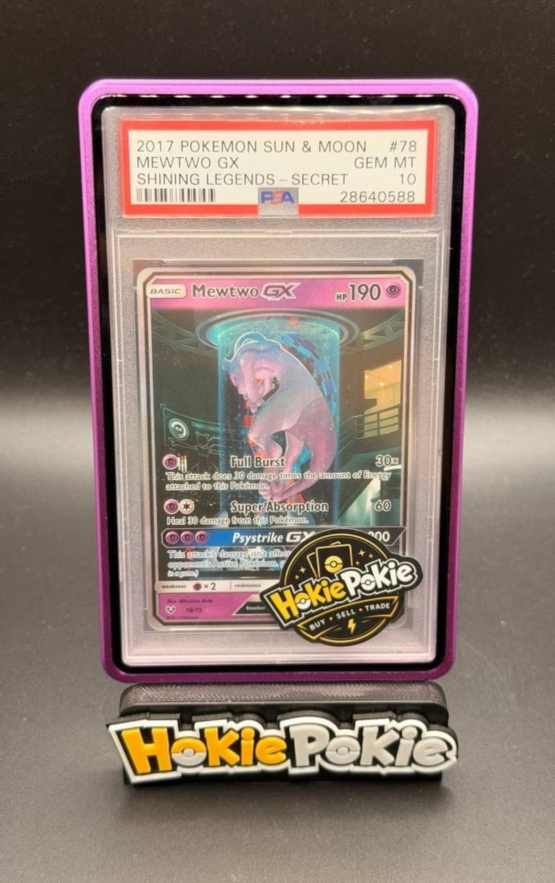 Mewtwo GX, PSA 10 graded, card 78 of 73 from the 2017 Shining Legends Pokémon TCG set. Actual photo of the card in hand.