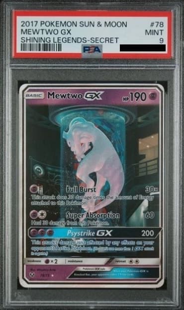 Mewtwo GX, PSA 9 graded, card 78 of 73 from the 2017 Shining Legends Pokémon TCG set.