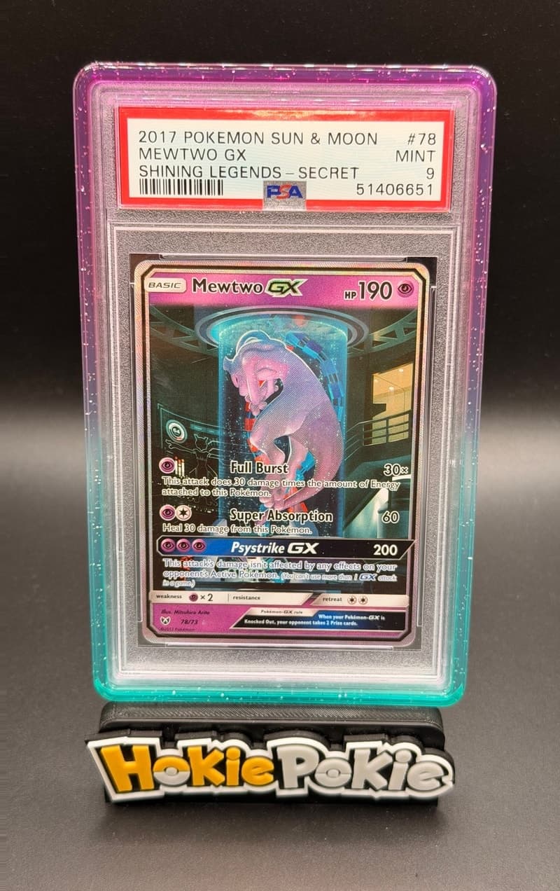 Mewtwo GX, PSA 9 graded, card 78 of 73 from the 2017 Shining Legends Pokémon TCG set.