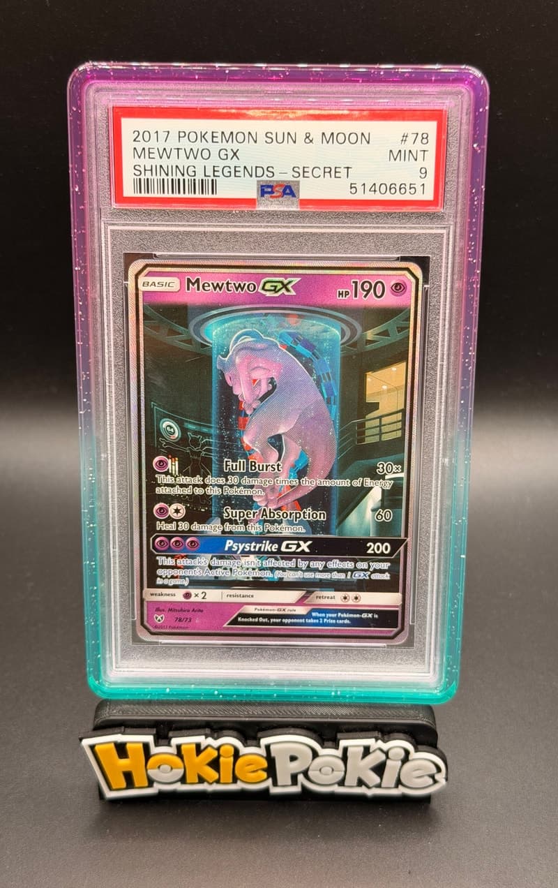 Mewtwo GX, PSA 9 graded, card 78 of 73 from the 2017 Shining Legends Pokémon TCG set. Actual photo of the card in hand.