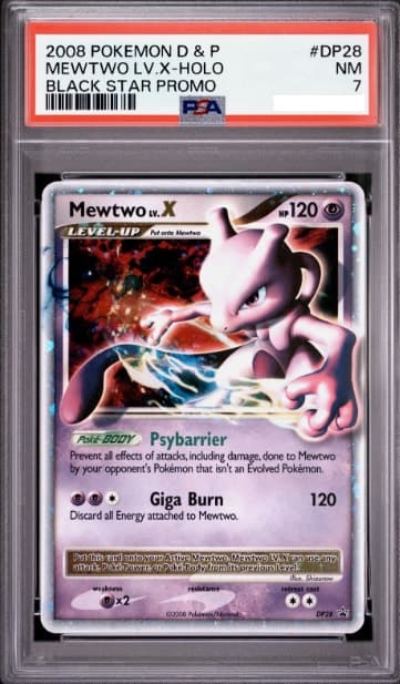 Mewtwo LV.X, PSA 7 graded, card DP28 from the 2008 DP Black Star Promos Pokémon TCG set.