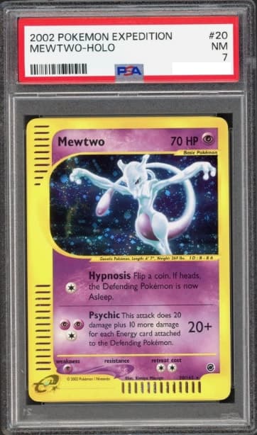 Mewtwo, PSA 7 graded, card 20 of 165 from the 2002 Expedition Base Set Pokémon TCG set.