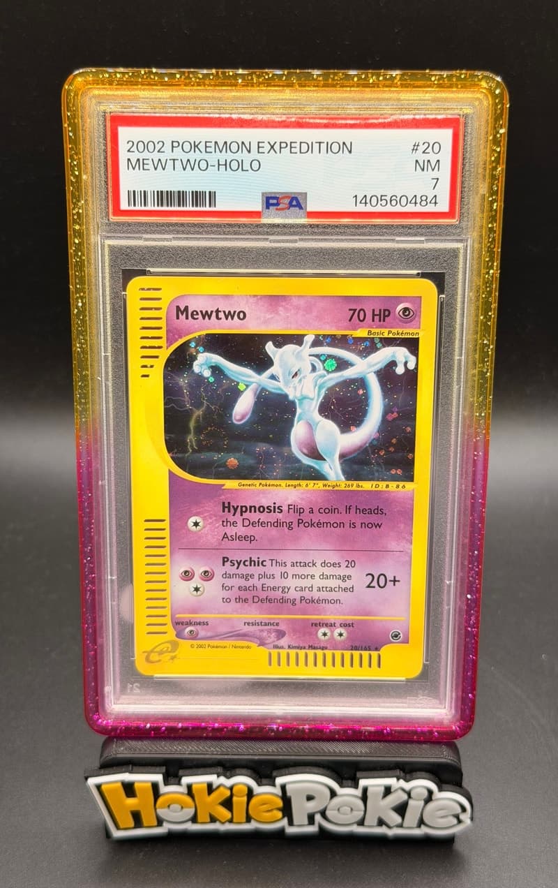 Mewtwo, PSA 7 graded, card 20 of 165 from the 2002 Expedition Base Set Pokémon TCG set.
