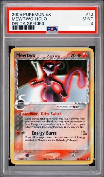 Mewtwo, PSA 9 graded, card 12 of 113 from the 2005 EX Delta Species Pokémon TCG set.