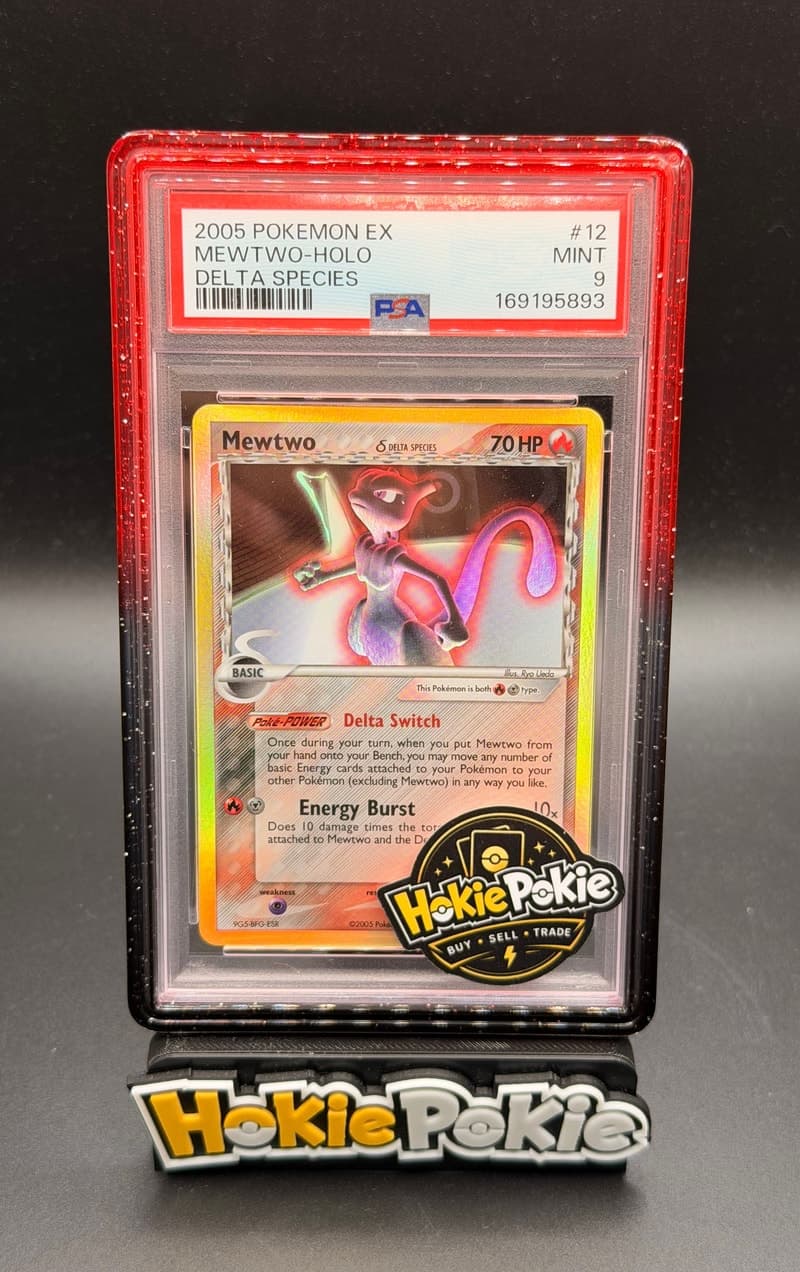 Mewtwo, PSA 9 graded, card 12 of 113 from the 2005 EX Delta Species Pokémon TCG set.