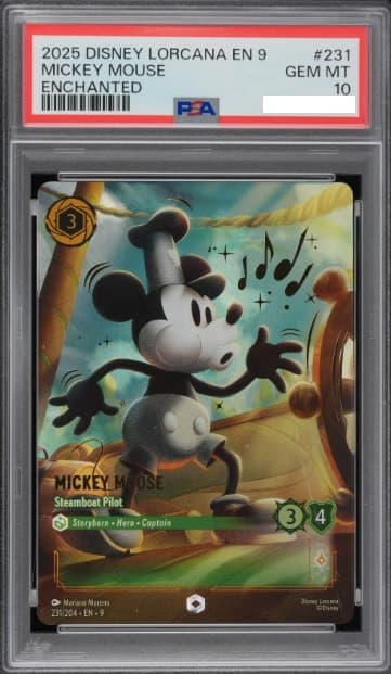 Mickey Mouse - Steamboat Pilot, PSA 10 graded, card 231 of 204 from the 2025 Disney Lorcana Fabled (Set 9) Pokémon TCG set.