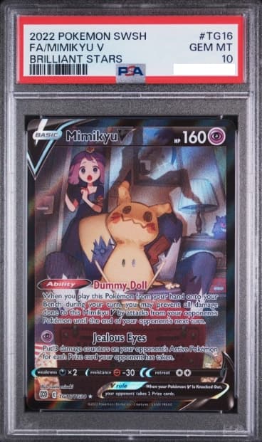 Mimikyu V, PSA 10 graded, card TG16 / TG30 from the 2022 Brilliant Stars Pokémon TCG set.