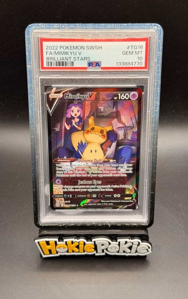 Mimikyu V, PSA 10 graded, card TG16 / TG30 from the 2022 Brilliant Stars Pokémon TCG set. Actual photo of the card in hand.