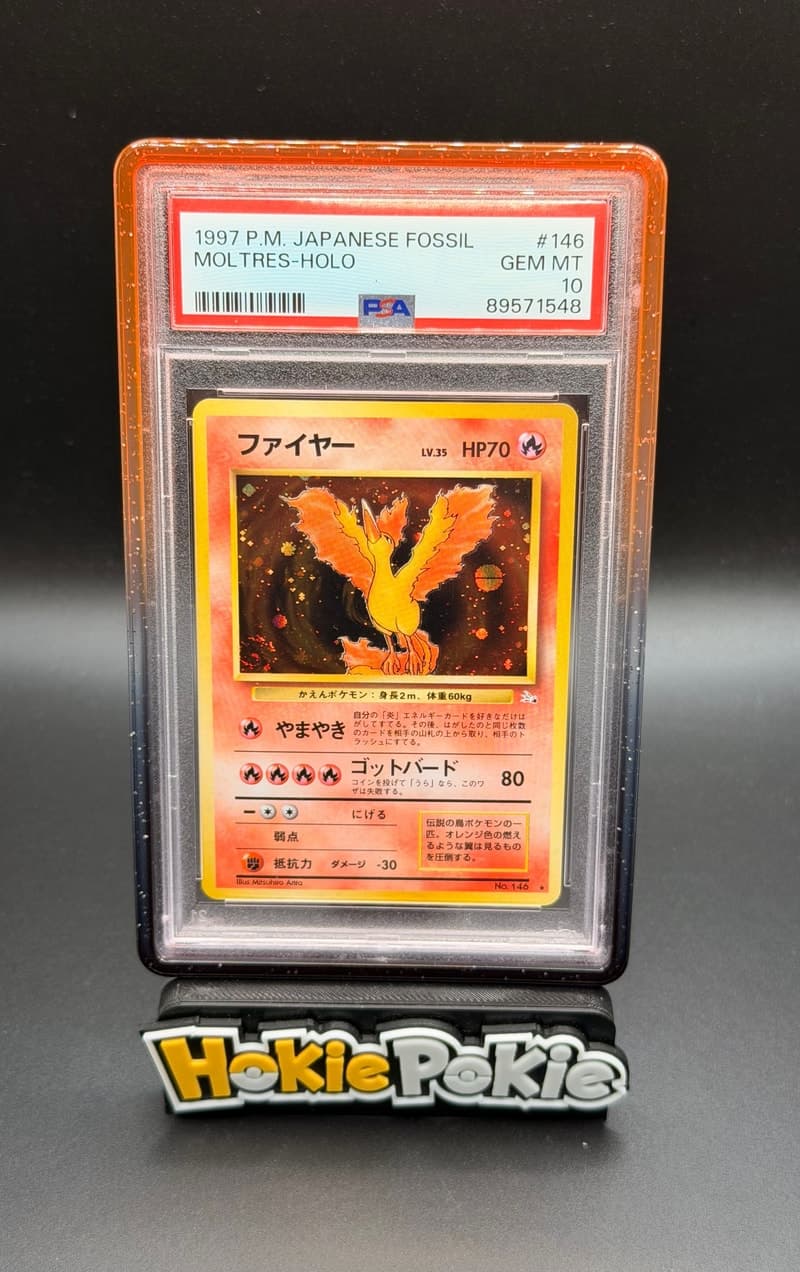 Moltres, PSA 10 graded, card 146 from the 1997 Fossil (Japanese) Pokémon TCG set.