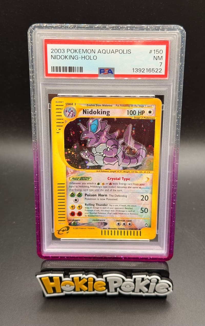 Nidoking, PSA 7 graded, card 150 of 147 from the 2003 Aquapolis Pokémon TCG set.