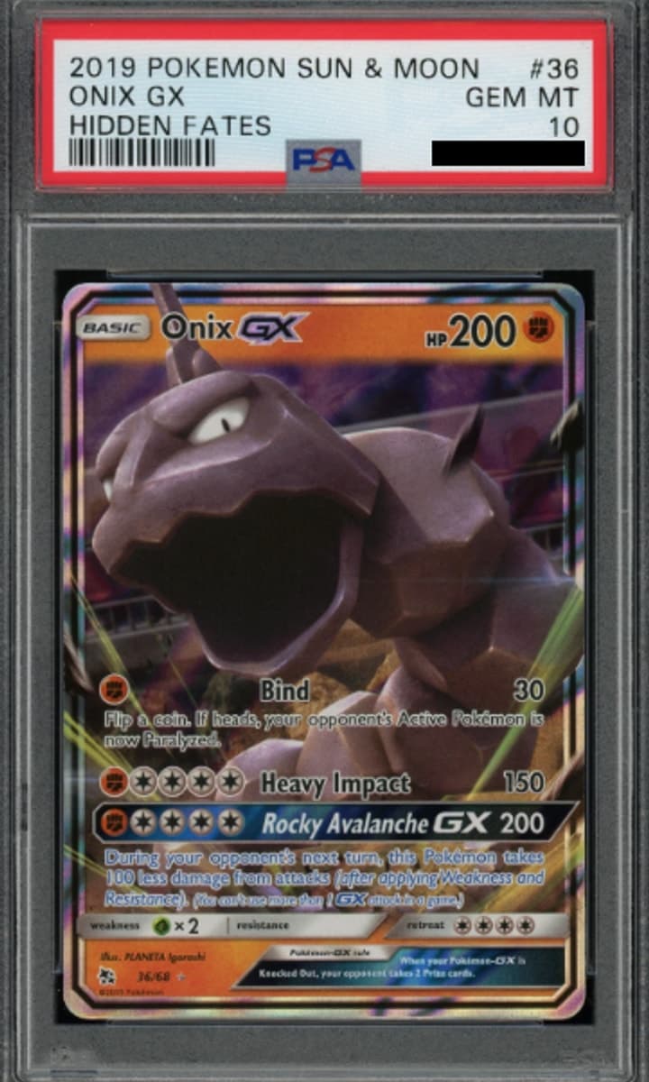 Onix GX, PSA 10 graded, card 36 of 68 from the 2019 Hidden Fates Pokémon TCG set.