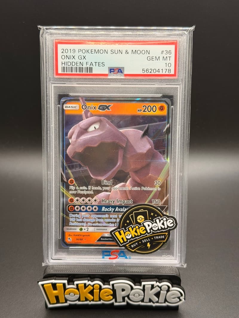 Onix GX, PSA 10 graded, card 36 of 68 from the 2019 Hidden Fates Pokémon TCG set. Actual photo of the card in hand.