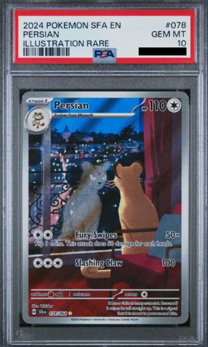 Persian, PSA 10 graded, card 78 of 64 from the 2024 Shrouded Fable Pokémon TCG set.